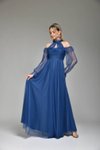 İndigo Uzun Tül Abiye Elbise