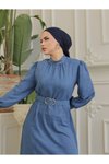 İndigo Yakası Taşlı Büzgü Kollu Kemerli Keten Tesettür Elbise