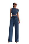 Indigo Summer Double Trend Asymmetric Neck Blouse and Pants Set