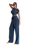 İndigo Yazlık İkili Trend Asimetrik Yaka Bluz Ve Pantolon Takım