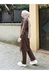 Kahve Yakası Biyeli Boydan Fermuarlı İki İp Penye İkili Takım