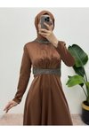 Kahve Yakası Ve Beli Taş Detaylı Saten Tesettür Abiye Elbise