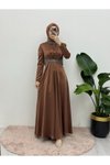 Kahve Yakası Ve Beli Taş Detaylı Saten Tesettür Abiye Elbise