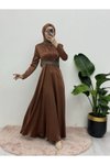Kahve Yakası Ve Beli Taş Detaylı Saten Tesettür Abiye Elbise