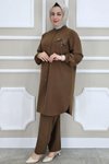 Kahverengi Aksesuarlı Hakim Yaka İkili Takım