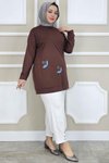 Kahverengi Çiçek Dikme Detaylı Tunik