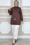 Kahverengi Çiçek Dikme Detaylı Tunik