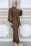 Kahverengi Dantel Detaylı İkili Takım