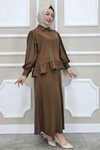 Kahverengi Fırfır Detaylı Etekli İkili Takım