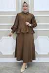 Kahverengi Fırfır Detaylı Etekli İkili Takım