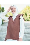 Kahverengi Fırfırlı Üçlü Keten İkili Tesettür Takım