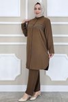 Kahverengi Kombinli Taş Detaylı İkili Takım