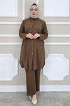 Kahverengi Kombinli Taş Detaylı İkili Takım