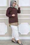Kahverengi Kot Kombinli Düğme Detaylı Tunik