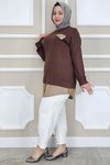 Kahverengi Kot Kombinli Düğme Detaylı Tunik