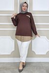 Kahverengi Kot Kombinli Düğme Detaylı Tunik