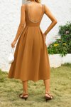 Kahverengi Midi İnci Detaylı A Kesim Sırtı Açık Scuba Kumaş Elbise