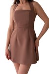 Kahverengi Mini Askılı Kare Yaka Elbise