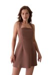 Kahverengi Mini Askılı Kare Yaka Elbise