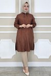 Kahverengi Omuzlardan Kollara Düğme Detay Tunik