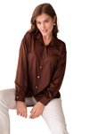 Kahverengi Saten Smart Casuel Metal Düğme Detaylı Gömlek