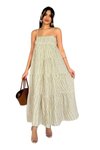 Brown Long Summer Linen Strappy Striped Dress with Smocked Detail