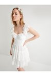 Kırık Beyaz Mini Dantelli Bridal Kısa Kol Kalp Yaka Astarlı Tül Abiye Elbise