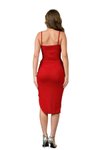Kırmızı Midi Askılı Yırtmaç Detaylı Simli Mikro Kumaş Gloplu Tasarım Abiye Elbise