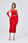 Kırmızı Midi Kemerli Straplez Kadife Abiye Elbise