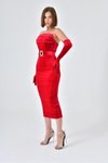 Kırmızı Midi Kemerli Straplez Kadife Abiye Elbise