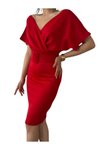 Kırmızı Midi Scuba Kumaş Düşük Kruvaze Yaka Kemer Detaylı Abiye Elbise