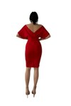 Kırmızı Midi Scuba Kumaş Düşük Kruvaze Yaka Kemer Detaylı Abiye Elbise