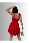 Kırmızı Mini Arkası Gipeli Bağlama Detaylı Askılı Mezuniyet Kloş Abiye Elbise