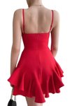Kırmızı Mini Askılı Eteği Volanlı Balo Ve Mezuniyet Abiye Elbise