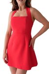 Kırmızı Mini Askıl ı Kare Yaka Elbise
