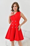 Kırmızı Mini Bele Oturan Düğmeli Ceket Kloş Elbise