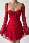Kırmızı Mini Dantel Parlak Uzun Kollu Parti Balo Akşam Partisi Abiye Elbise