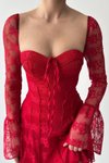 Kırmızı Mini Dantel Parlak Uzun Kollu Parti Balo Akşam Partisi Abiye Elbise