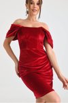 Kırmızı Mini Fransız Kadife Düşük Omuz Abiye Elbise