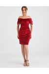 Kırmızı Mini Fransız Kadife Düşük Omuz Abiye Elbise