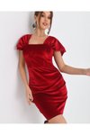 Kırmızı Mini Fransız Kadife Düşük Omuz Abiye Elbise