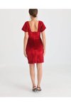 Kırmızı Mini Fransız Kadife Düşük Omuz Abiye Elbise