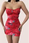 Kırmızı Mini Straplez Dilber Esnek Kumaş Çiçek Desenli Drape Tasarım Elbise