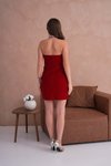 Kırmızı Mini Süet Kadife Straplez Abiye Elbise