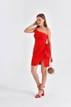 Kırmızı Mini Tek Omuz Askılı Volan Detaylı Abiye Elbise