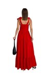 Kırmızı Uzun Askılı Göğüs Cuplu Omuzları Bağlamalı Elbise