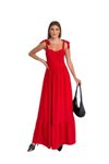 Kırmızı Uzun Askılı Göğüs Cuplu Omuzları Bağlamalı Elbise