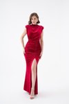 Red Long High Collar Detailed Slit Evening Dress