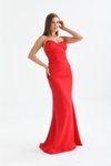 Kırmızı Uzun Drapeli Straplez Balık Abiye Elbise