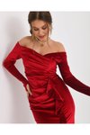 Kırmızı Uzun Fransız Kadife Düşük Omuz Abiye Elbise